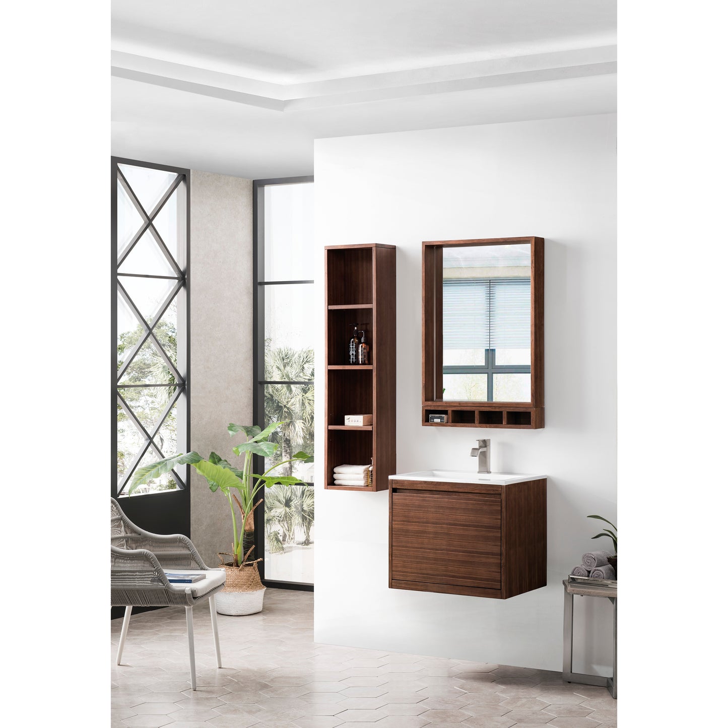 James Martin Vanities Mantova 23.6" Mid-Century Walnut Single Vanity With Glossy White Composite Stone Top