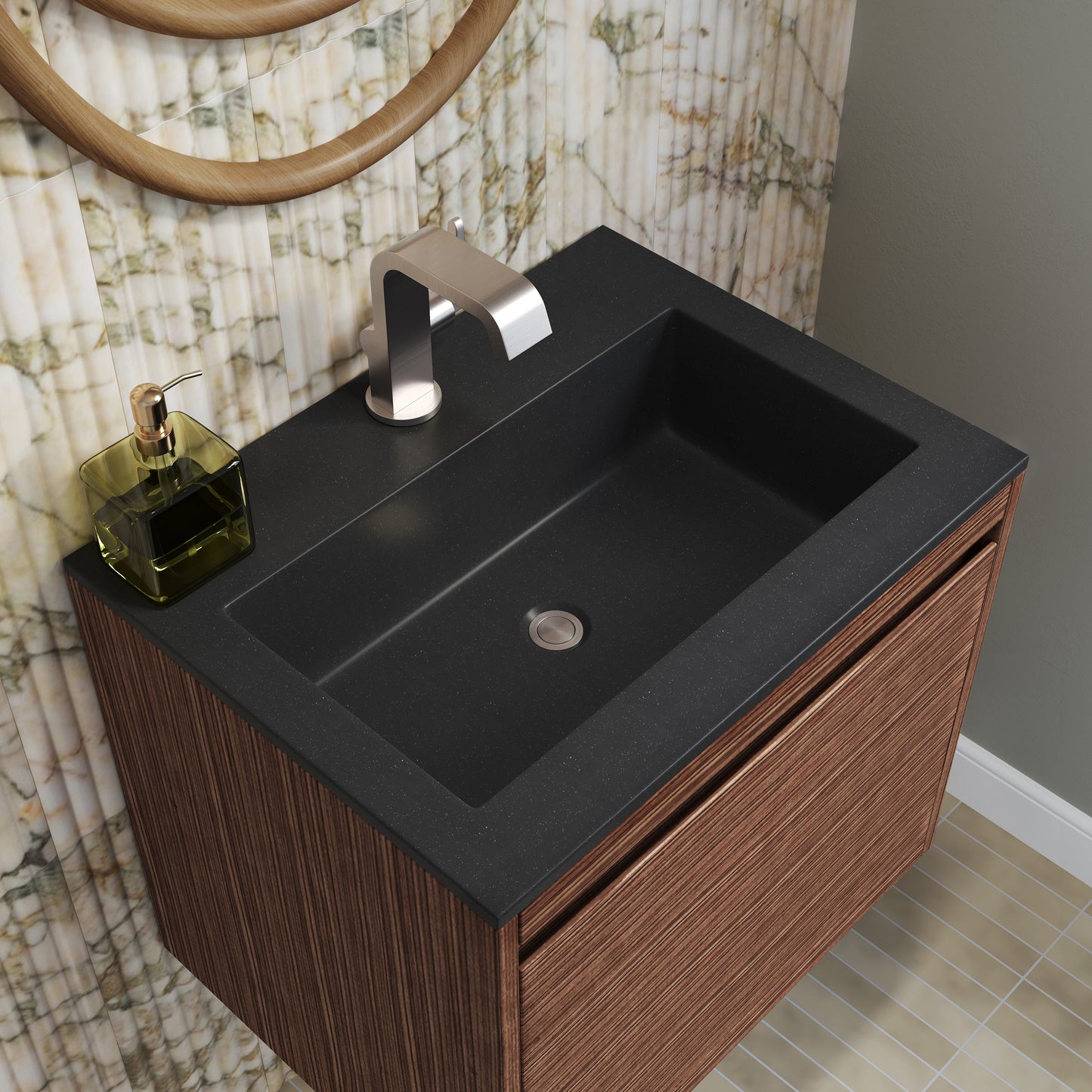 James Martin Vanities Mantova 23.6" Mid-Century Walnut and Brushed Nickel Base Single Vanity With Charcoal Black Composite Stone Top