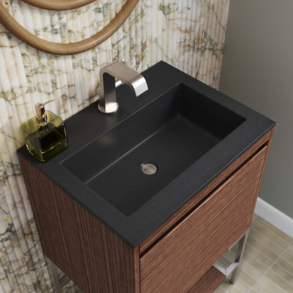 James Martin Vanities Mantova 23.6" Mid-Century Walnut and Brushed Nickel Base Single Vanity With Charcoal Black Composite Stone Top