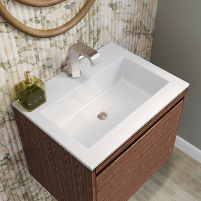 James Martin Vanities Mantova 23.6" Mid-Century Walnut and Brushed Nickel Base Single Vanity With Glossy White Composite Stone Top