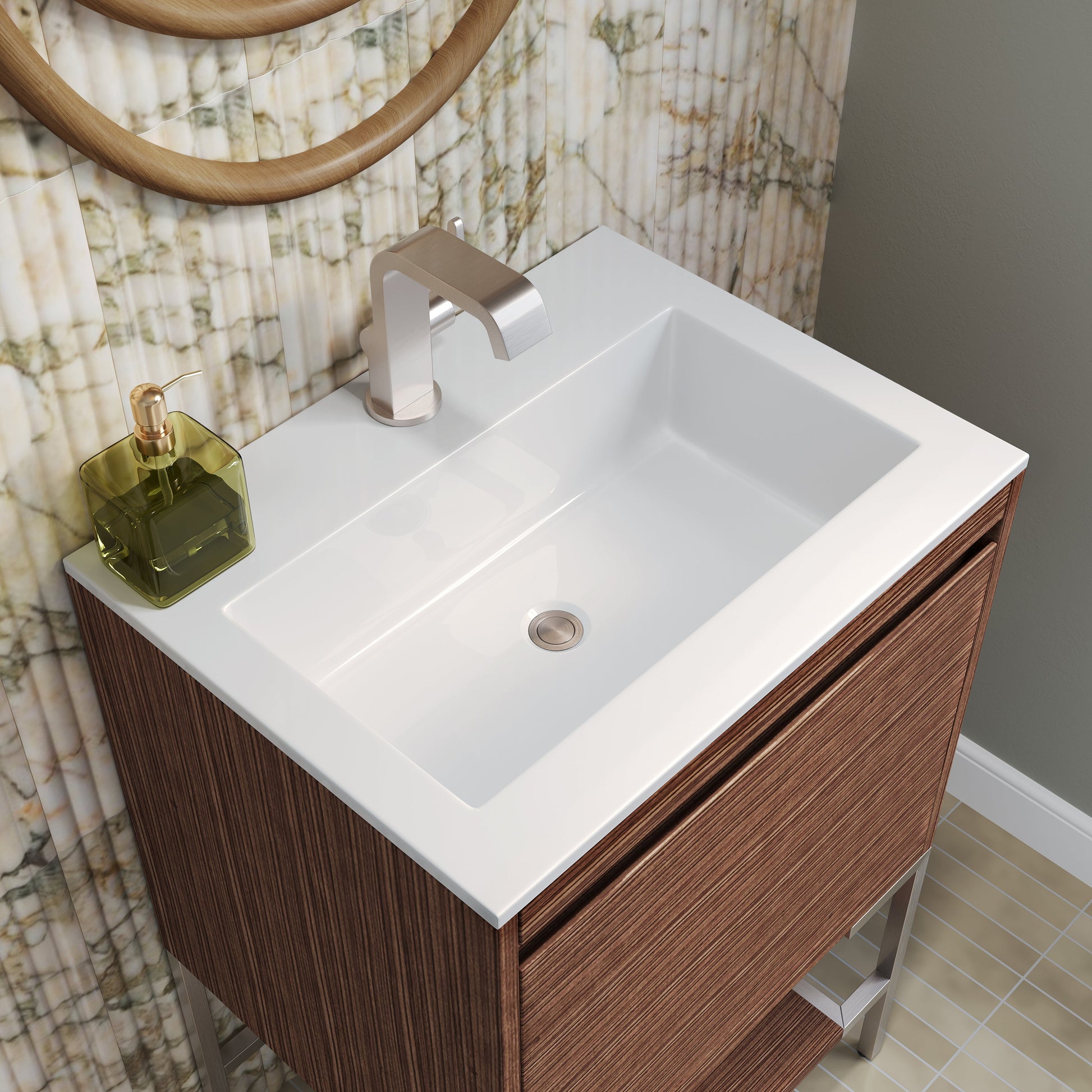 James Martin Vanities Mantova 23.6" Mid-Century Walnut and Brushed Nickel Base Single Vanity With Glossy White Composite Stone Top