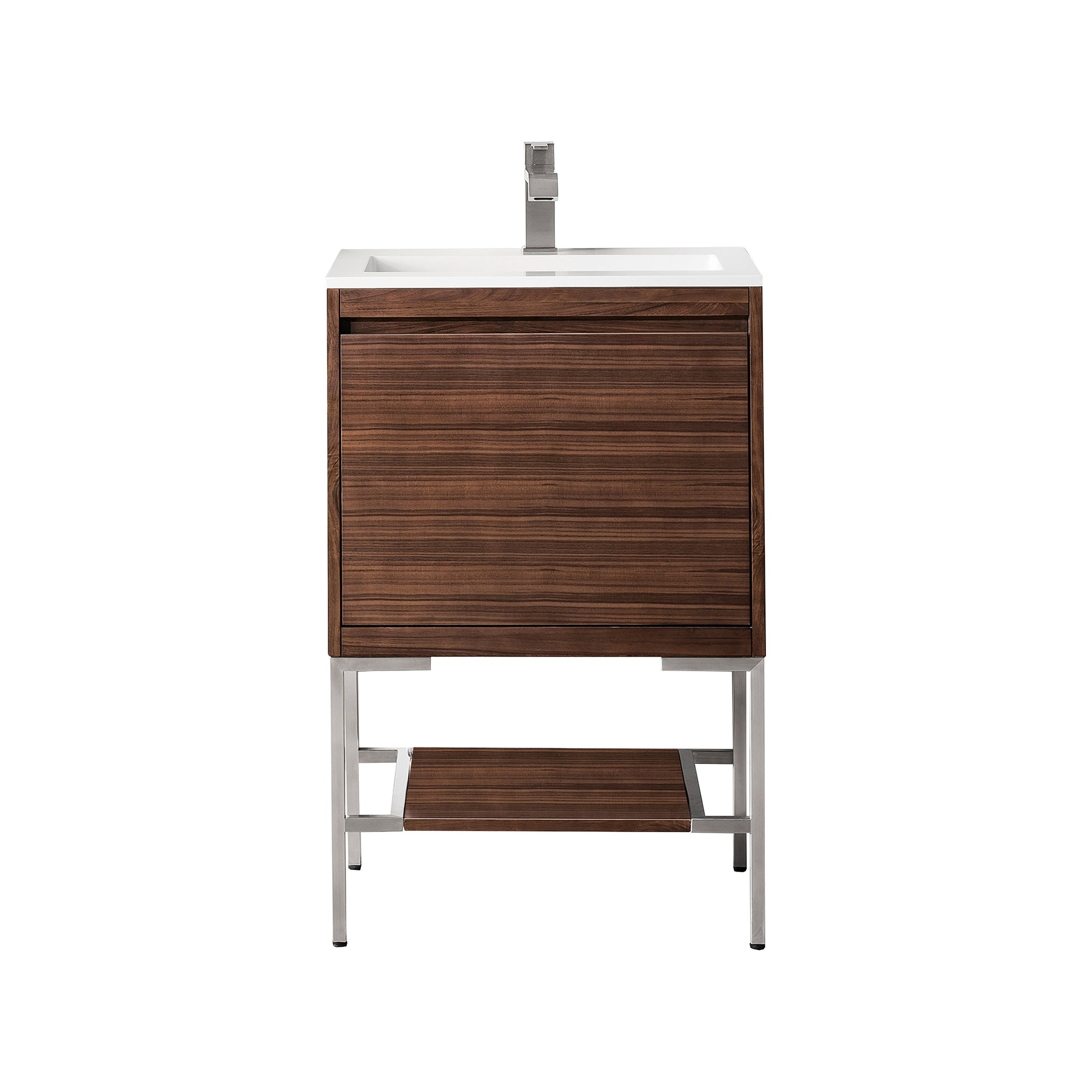 James Martin Vanities Mantova 23.6" Mid-Century Walnut and Brushed Nickel Base Single Vanity With Glossy White Composite Stone Top