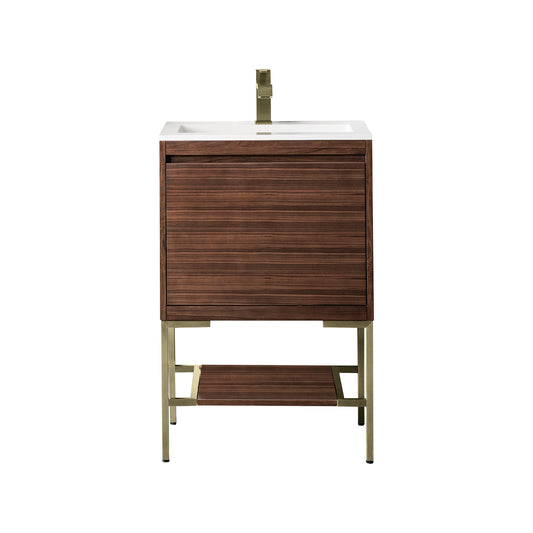 James Martin Vanities Mantova 23.6" Mid-Century Walnut and Champagne Brass Base Single Vanity With Glossy White Composite Stone Top