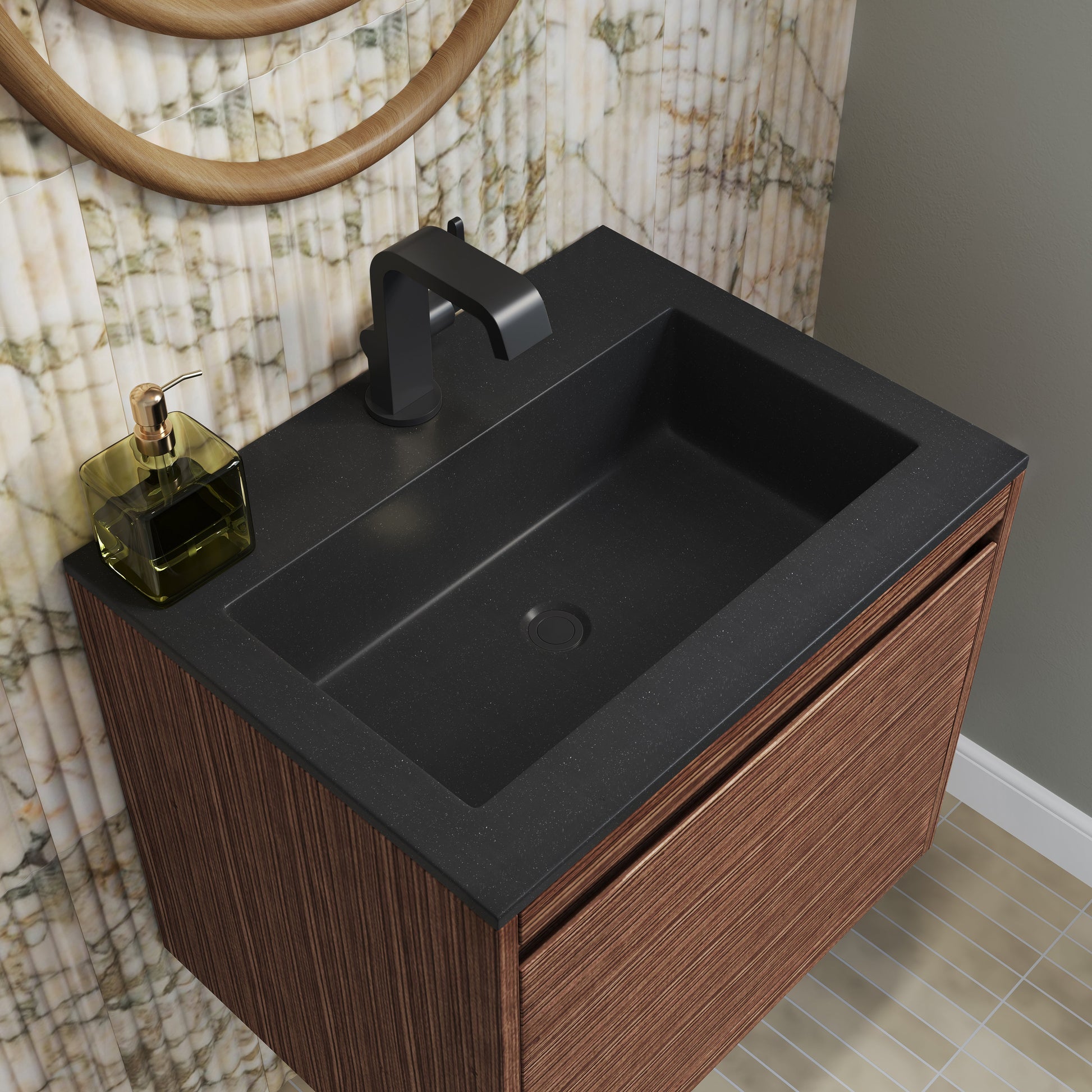 James Martin Vanities Mantova 23.6" Mid-Century Walnut and Matte Black Base Single Vanity With Charcoal Black Composite Stone Top