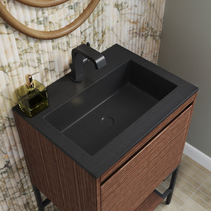 James Martin Vanities Mantova 23.6" Mid-Century Walnut and Matte Black Base Single Vanity With Charcoal Black Composite Stone Top