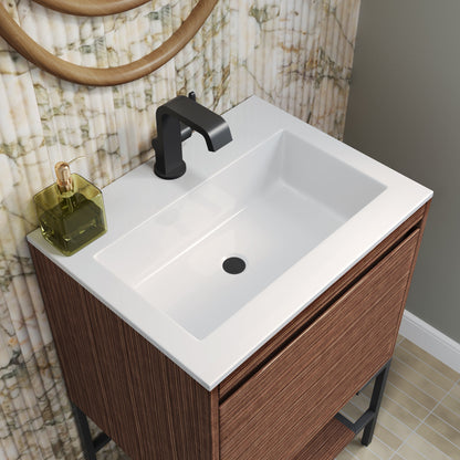 James Martin Vanities Mantova 23.6" Mid-Century Walnut and Matte Black Base Single Vanity With Glossy White Composite Stone Top