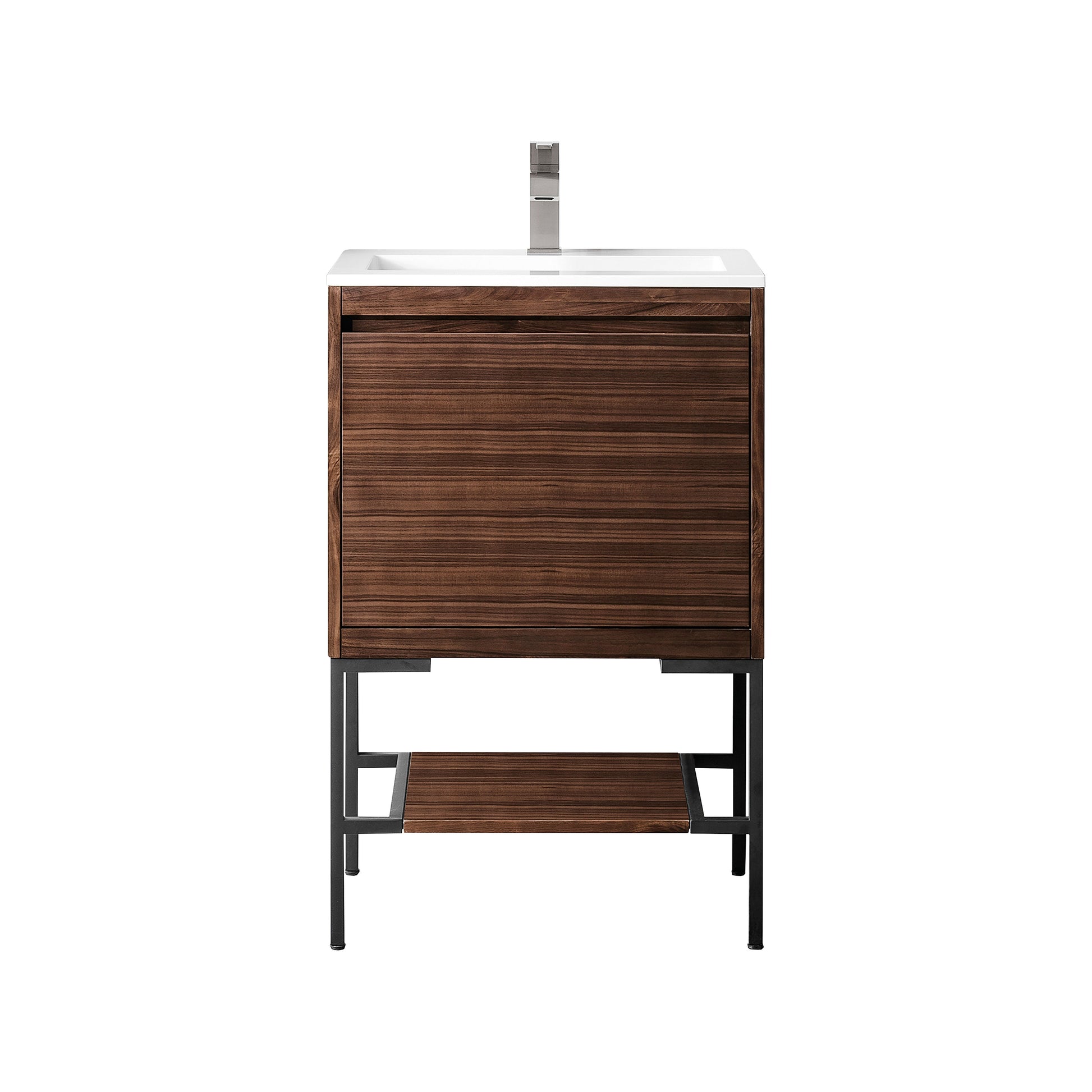 James Martin Vanities Mantova 23.6" Mid-Century Walnut and Matte Black Base Single Vanity With Glossy White Composite Stone Top