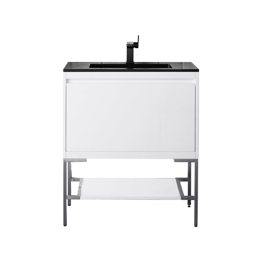 James Martin Vanities Mantova 31.5" Glossy White and Brushed Nickel Base Single Vanity With Charcoal Black Composite Stone Top