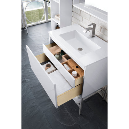 James Martin Vanities Mantova 31.5" Glossy White and Brushed Nickel Base Single Vanity With Glossy White Composite Stone Top