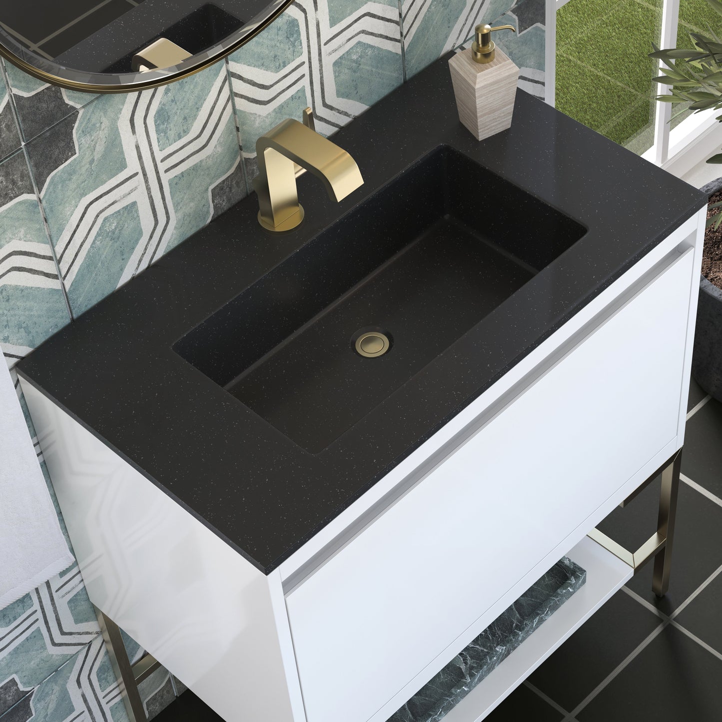 James Martin Vanities Mantova 31.5" Glossy White and Champagne Brass Base Single Vanity With Charcoal Black Composite Stone Top