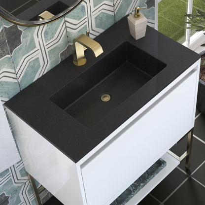 James Martin Vanities Mantova 31.5" Glossy White and Champagne Brass Base Single Vanity With Charcoal Black Composite Stone Top