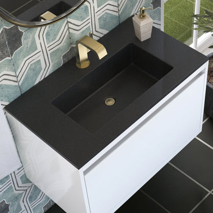 James Martin Vanities Mantova 31.5" Glossy White and Champagne Brass Base Single Vanity With Charcoal Black Composite Stone Top