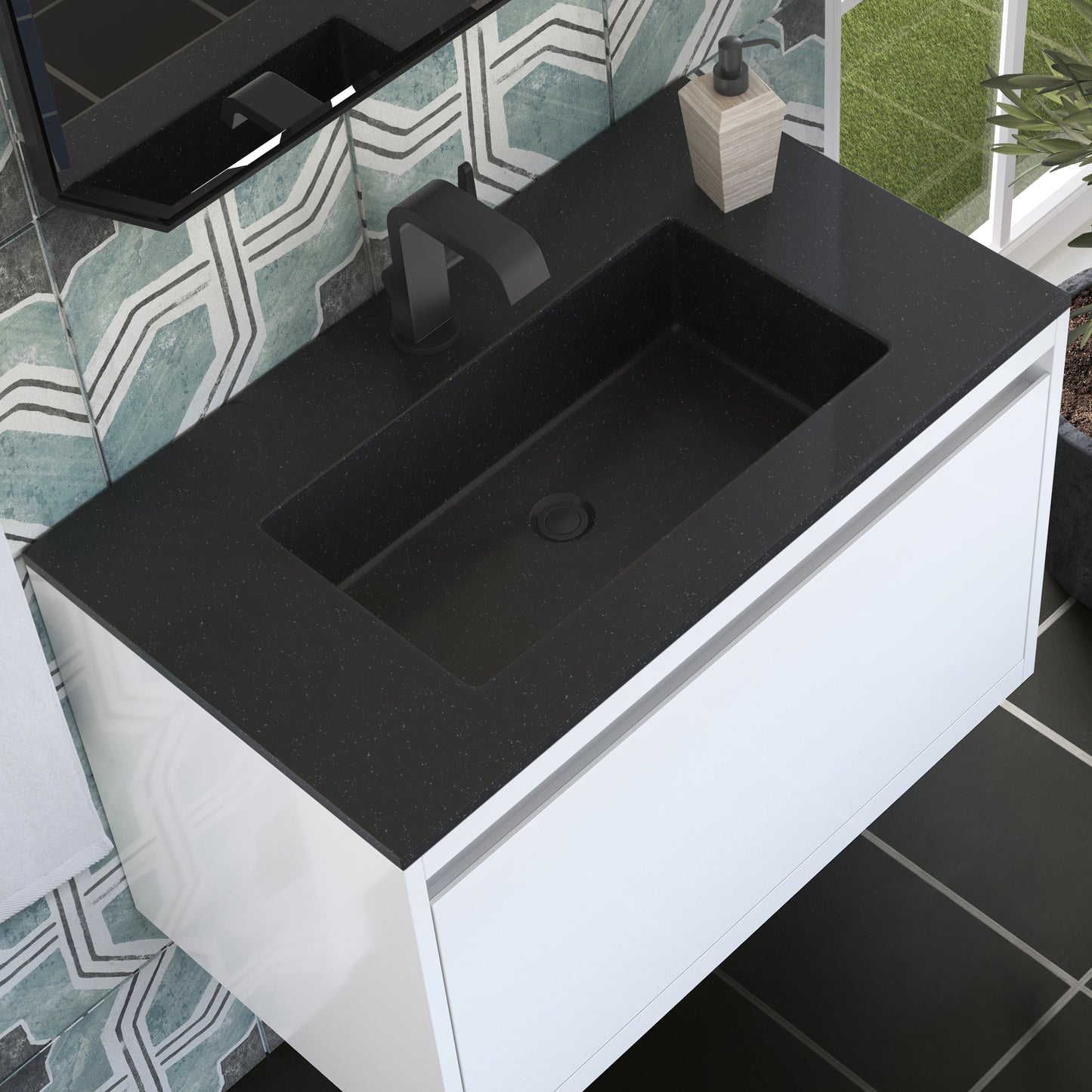 James Martin Vanities Mantova 31.5" Glossy White and Matte Black Base Single Vanity With Charcoal Black Composite Stone Top