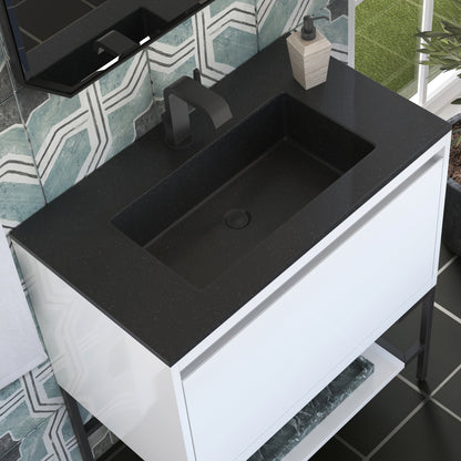 James Martin Vanities Mantova 31.5" Glossy White and Matte Black Base Single Vanity With Charcoal Black Composite Stone Top