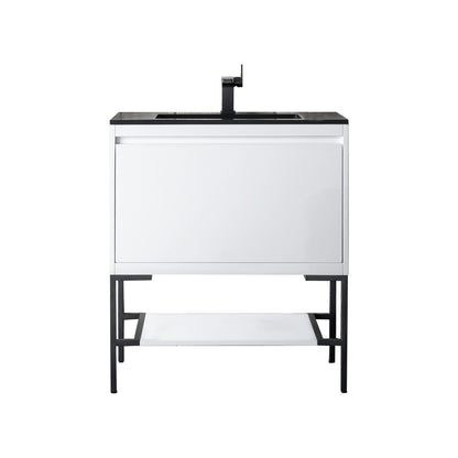 James Martin Vanities Mantova 31.5" Glossy White and Matte Black Base Single Vanity With Charcoal Black Composite Stone Top