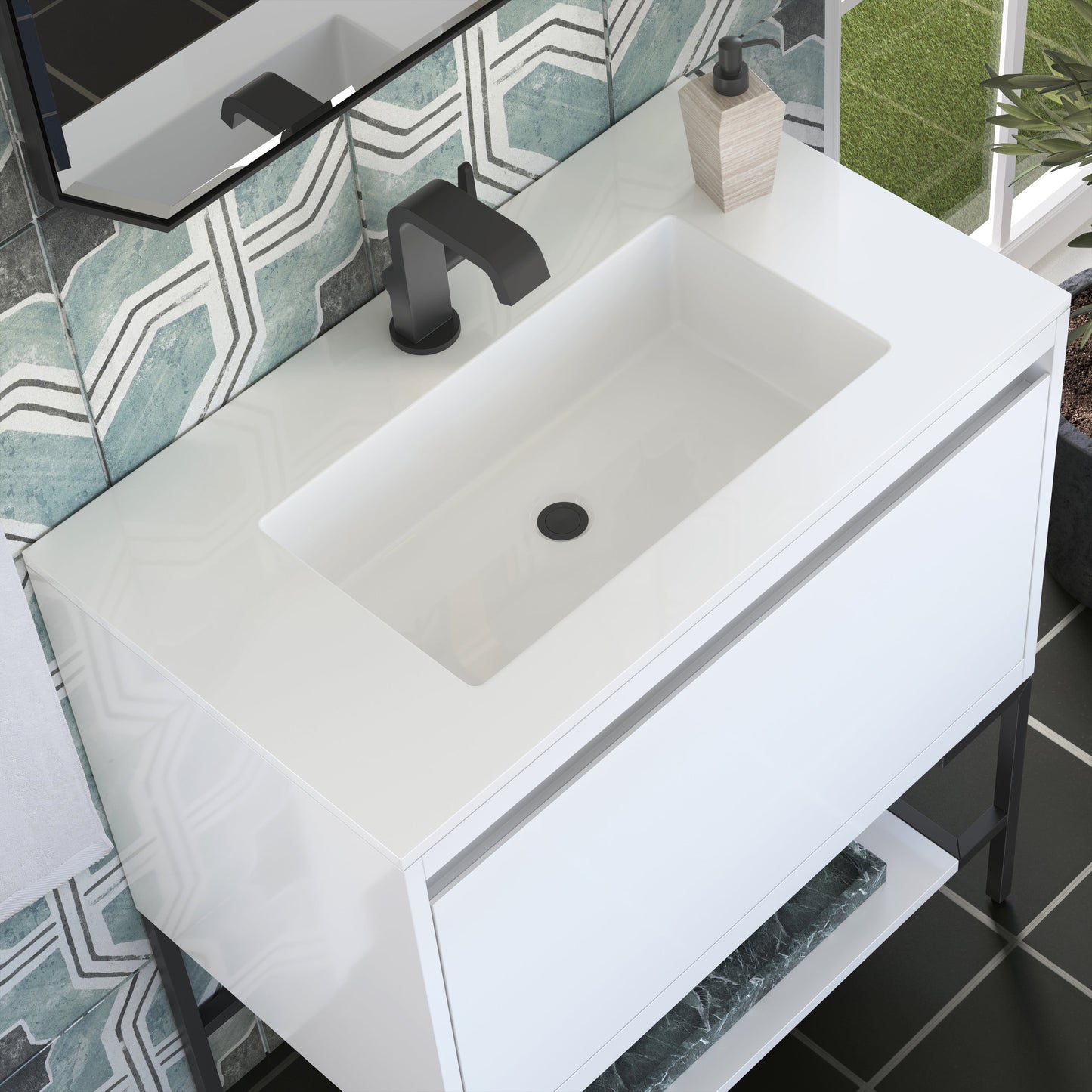 James Martin Vanities Mantova 31.5" Glossy White and Matte Black Base Single Vanity With Glossy White Composite Stone Top