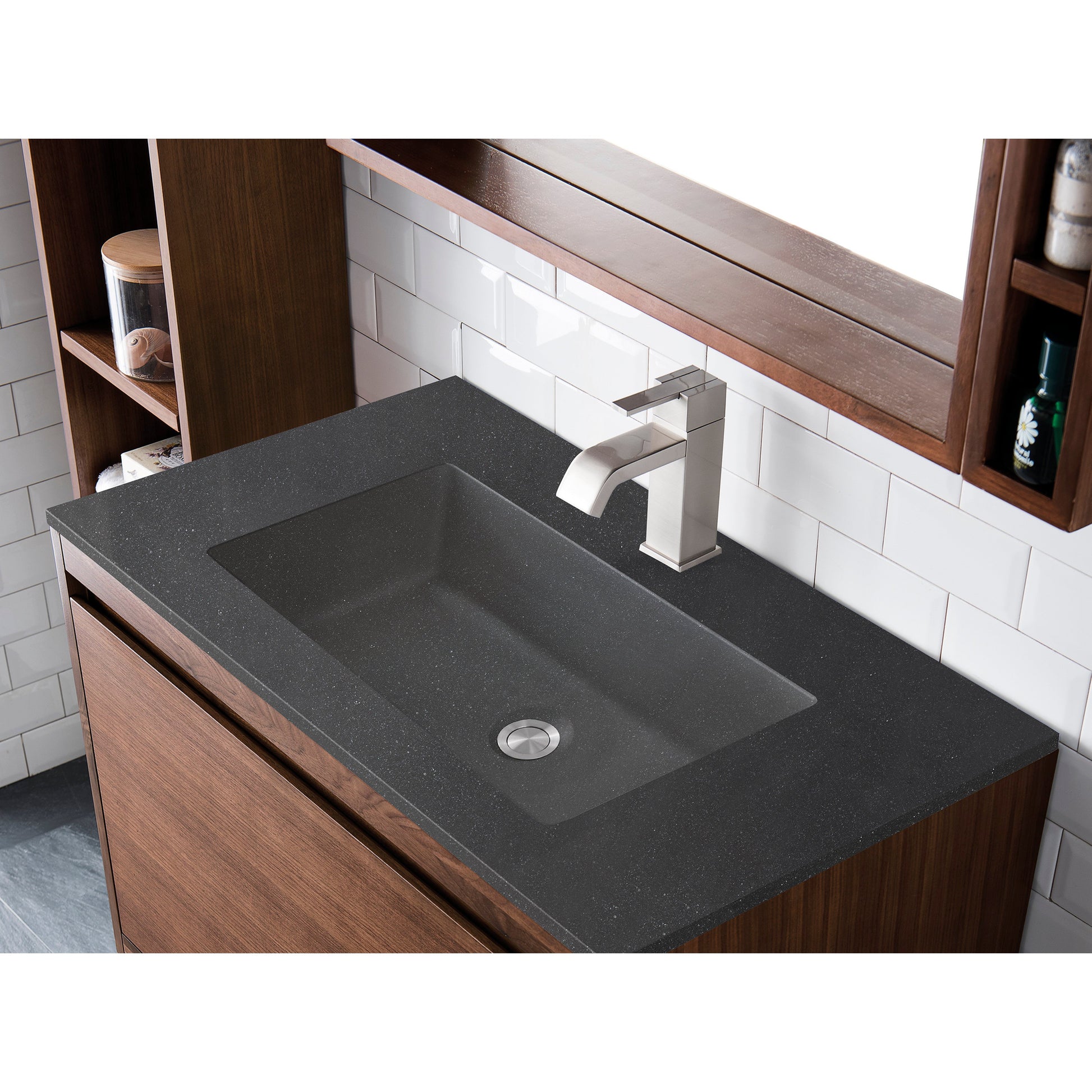 James Martin Vanities Mantova 31.5" Mid-Century Walnut and Brushed Nickel Base Single Vanity With Charcoal Black Composite Stone Top