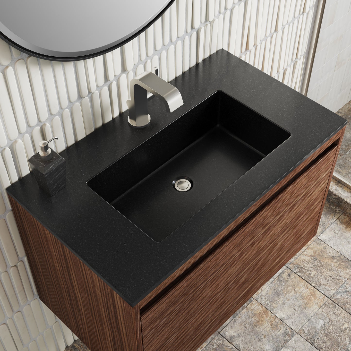 James Martin Vanities Mantova 31.5" Mid-Century Walnut and Brushed Nickel Base Single Vanity With Charcoal Black Composite Stone Top