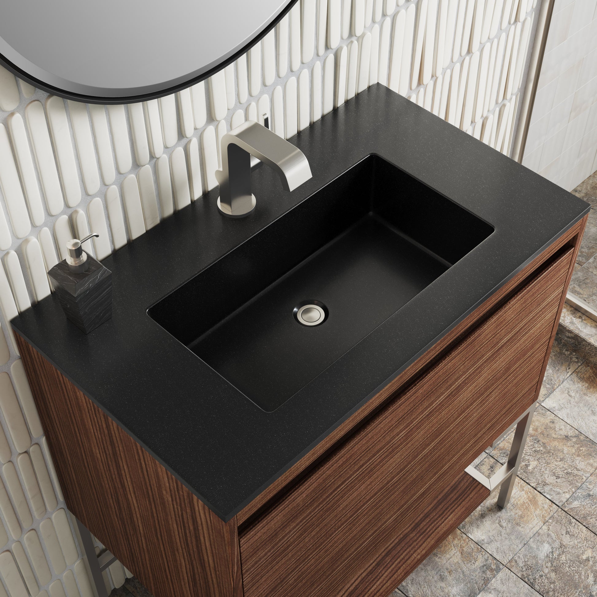 James Martin Vanities Mantova 31.5" Mid-Century Walnut and Brushed Nickel Base Single Vanity With Charcoal Black Composite Stone Top