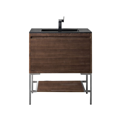 James Martin Vanities Mantova 31.5" Mid-Century Walnut and Brushed Nickel Base Single Vanity With Charcoal Black Composite Stone Top