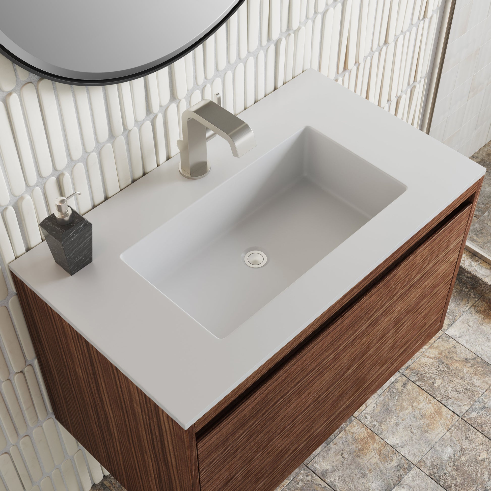 James Martin Vanities Mantova 31.5" Mid-Century Walnut and Brushed Nickel Base Single Vanity With Glossy White Composite Stone Top