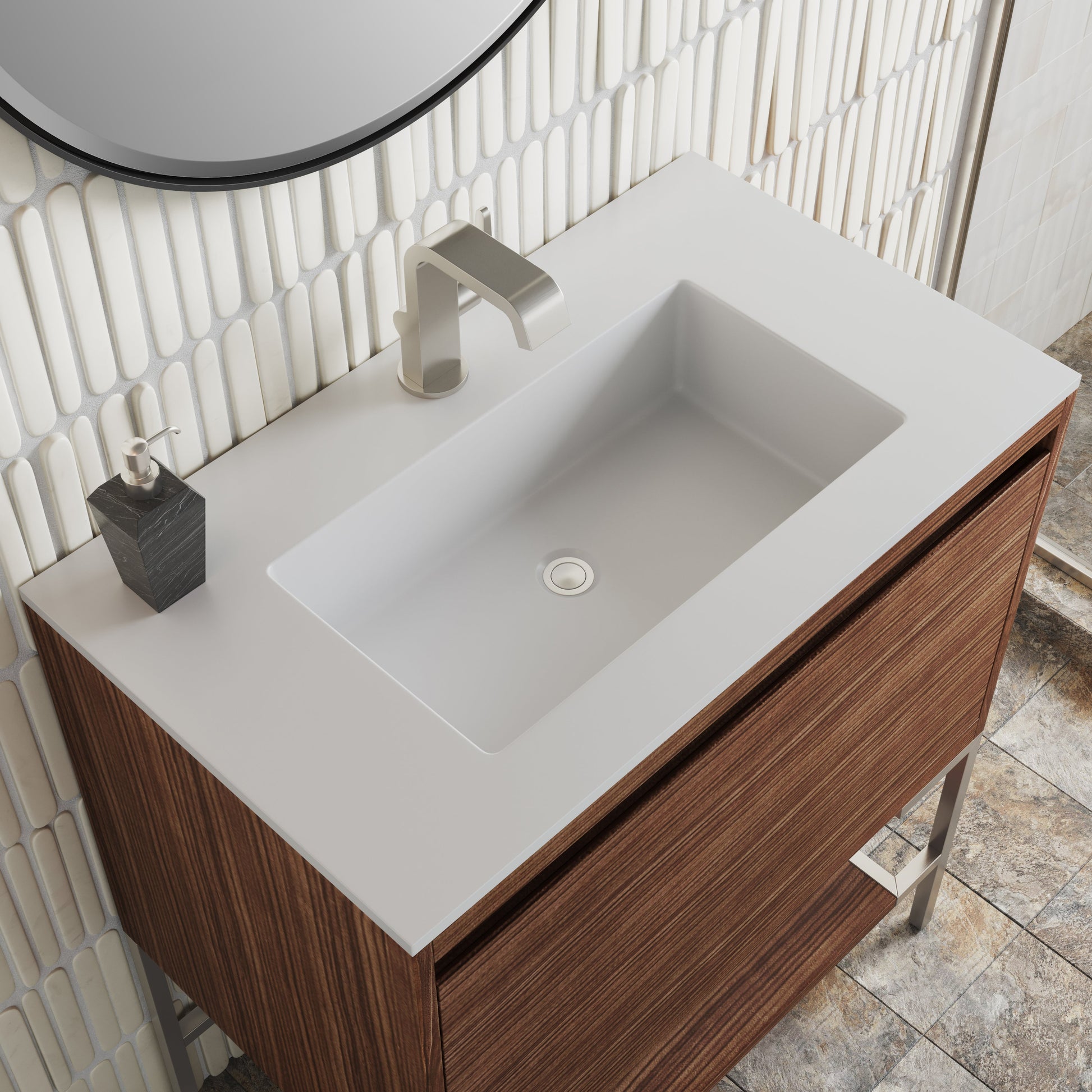 James Martin Vanities Mantova 31.5" Mid-Century Walnut and Brushed Nickel Base Single Vanity With Glossy White Composite Stone Top