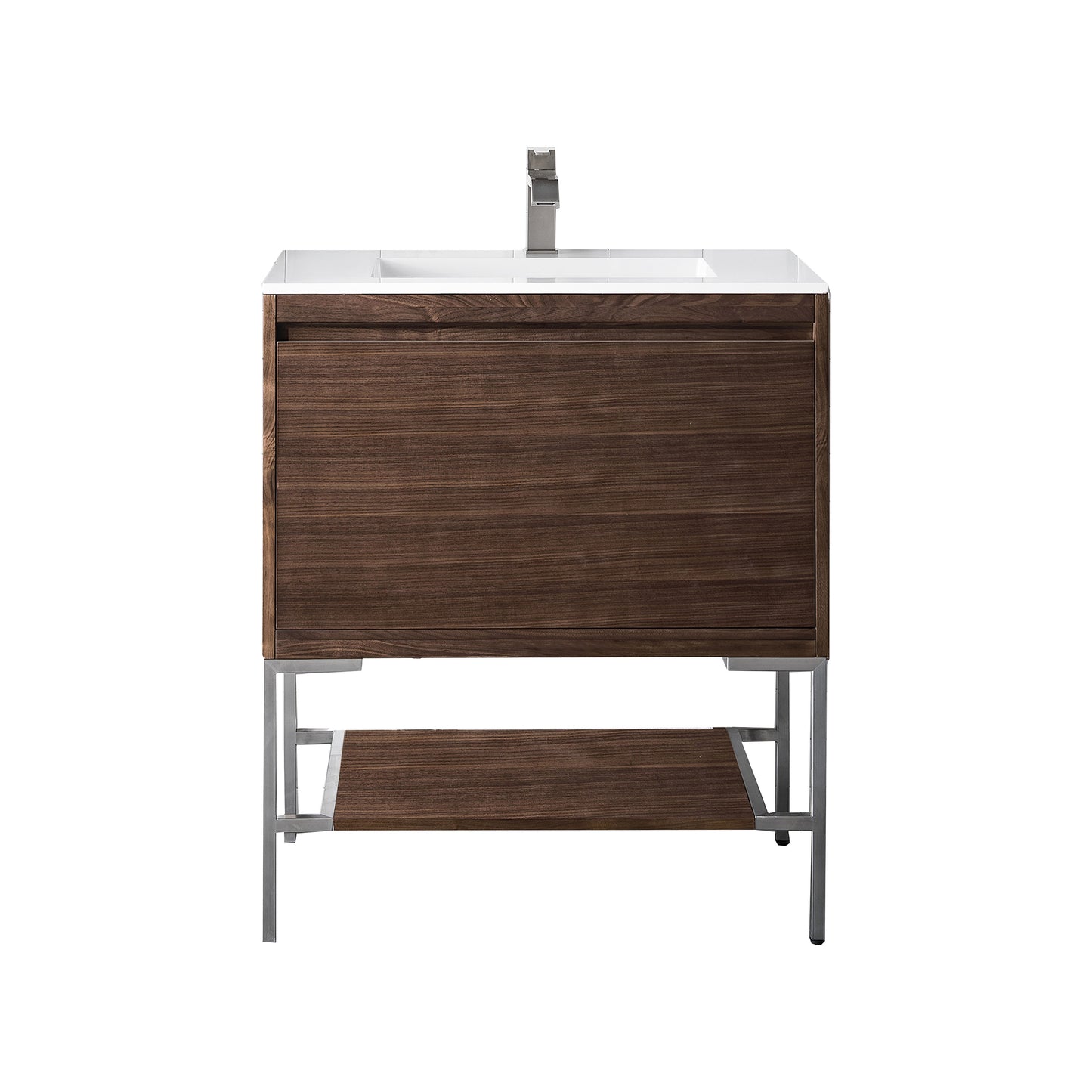 James Martin Vanities Mantova 31.5" Mid-Century Walnut and Brushed Nickel Base Single Vanity With Glossy White Composite Stone Top