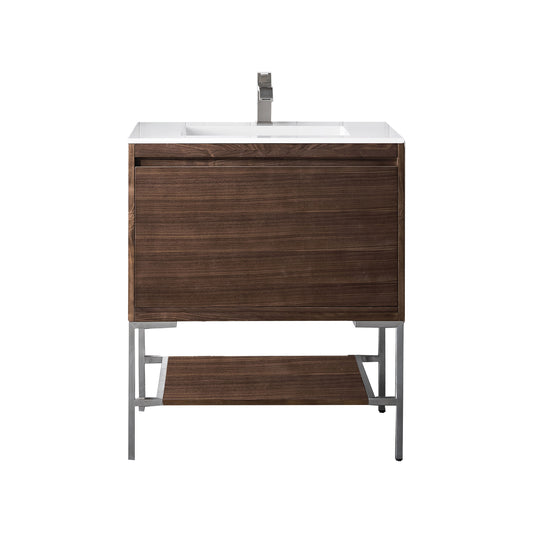 James Martin Vanities Mantova 31.5" Mid-Century Walnut and Brushed Nickel Base Single Vanity With Glossy White Composite Stone Top