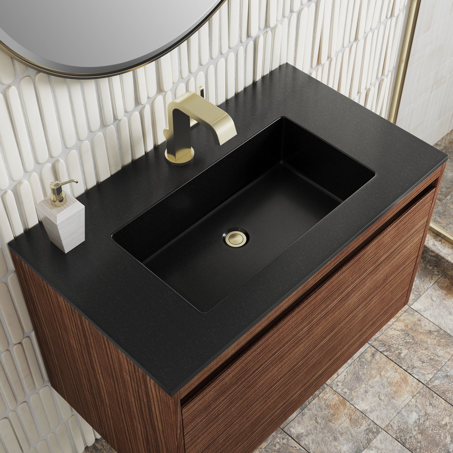 James Martin Vanities Mantova 31.5" Mid-Century Walnut and Champagne Brass Base Single Vanity With Charcoal Black Composite Stone Top