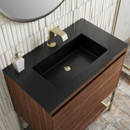 James Martin Vanities Mantova 31.5" Mid-Century Walnut and Champagne Brass Base Single Vanity With Charcoal Black Composite Stone Top