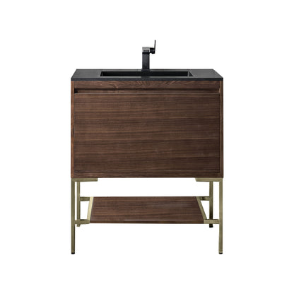 James Martin Vanities Mantova 31.5" Mid-Century Walnut and Champagne Brass Base Single Vanity With Charcoal Black Composite Stone Top