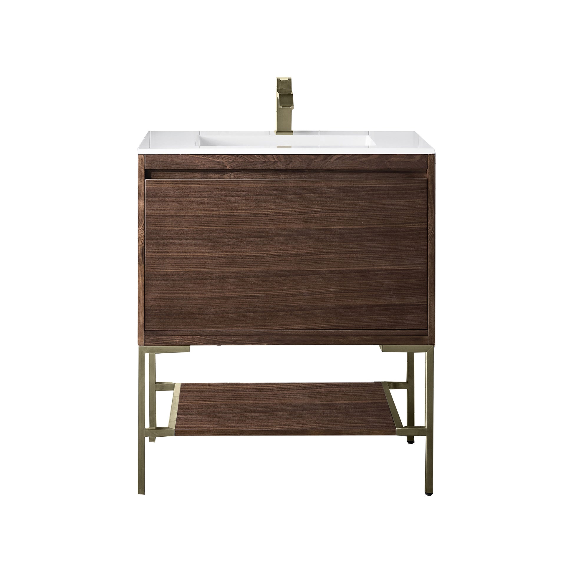 James Martin Vanities Mantova 31.5" Mid-Century Walnut and Champagne Brass Base Single Vanity With Glossy White Composite Stone Top