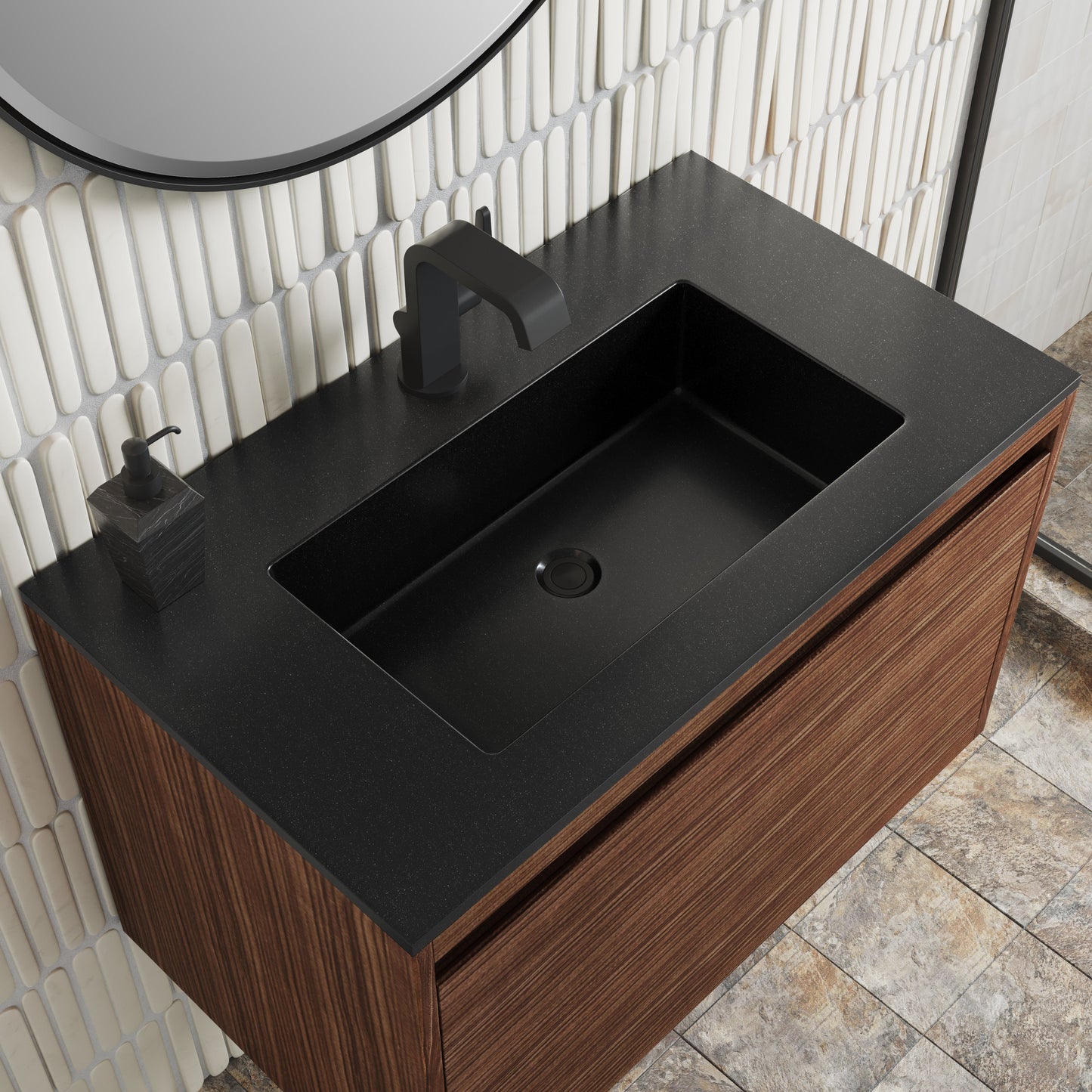 James Martin Vanities Mantova 31.5" Mid-Century Walnut and Matte Black Base Single Vanity With Charcoal Black Composite Stone Top