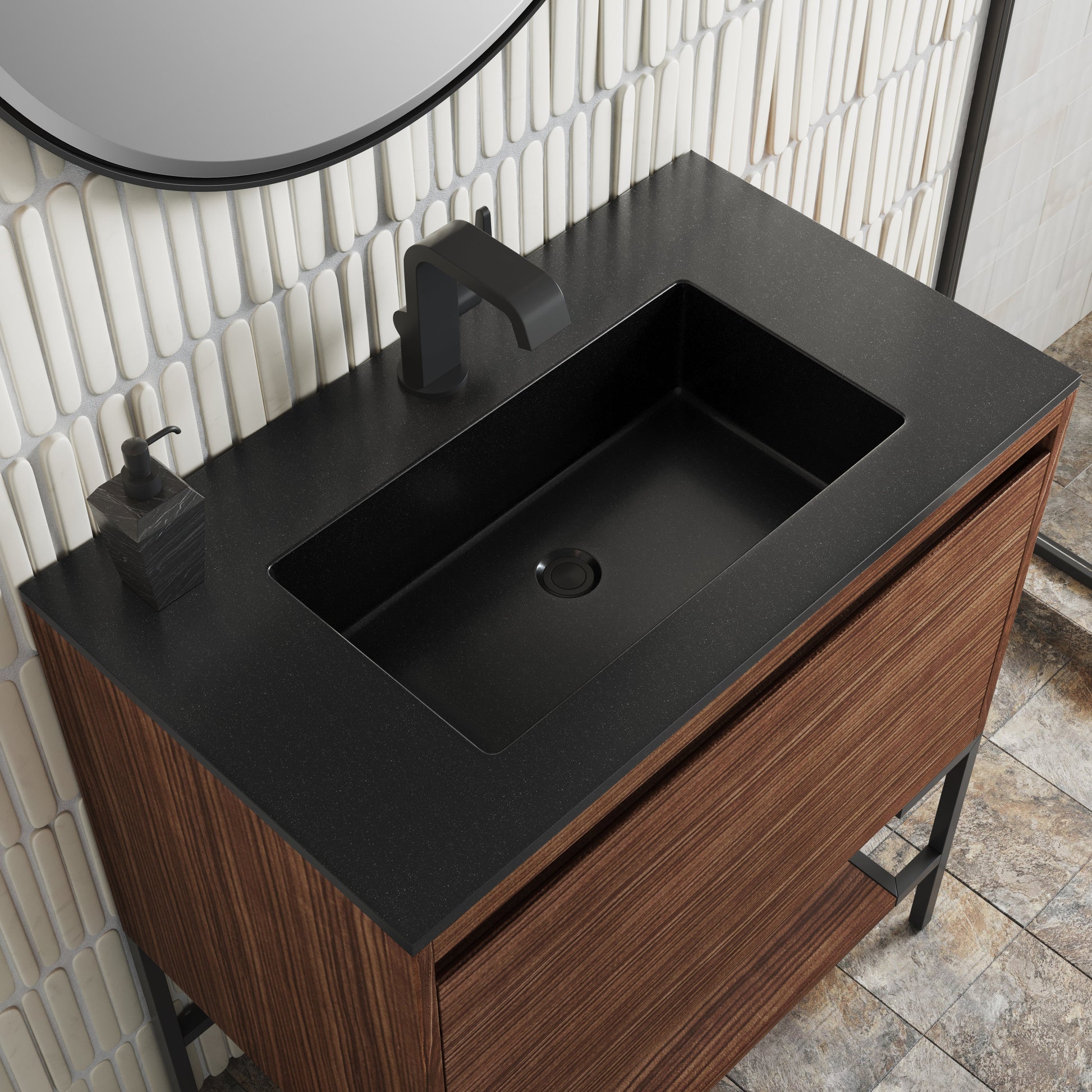 James Martin Vanities Mantova 31.5" Mid-Century Walnut and Matte Black Base Single Vanity With Charcoal Black Composite Stone Top