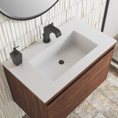 James Martin Vanities Mantova 31.5" Mid-Century Walnut and Matte Black Base Single Vanity With Glossy White Composite Stone Top