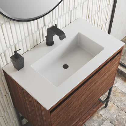 James Martin Vanities Mantova 31.5" Mid-Century Walnut and Matte Black Base Single Vanity With Glossy White Composite Stone Top