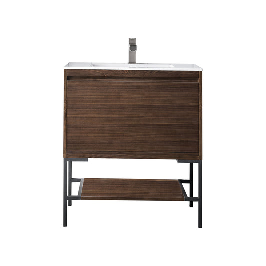 James Martin Vanities Mantova 31.5" Mid-Century Walnut and Matte Black Base Single Vanity With Glossy White Composite Stone Top