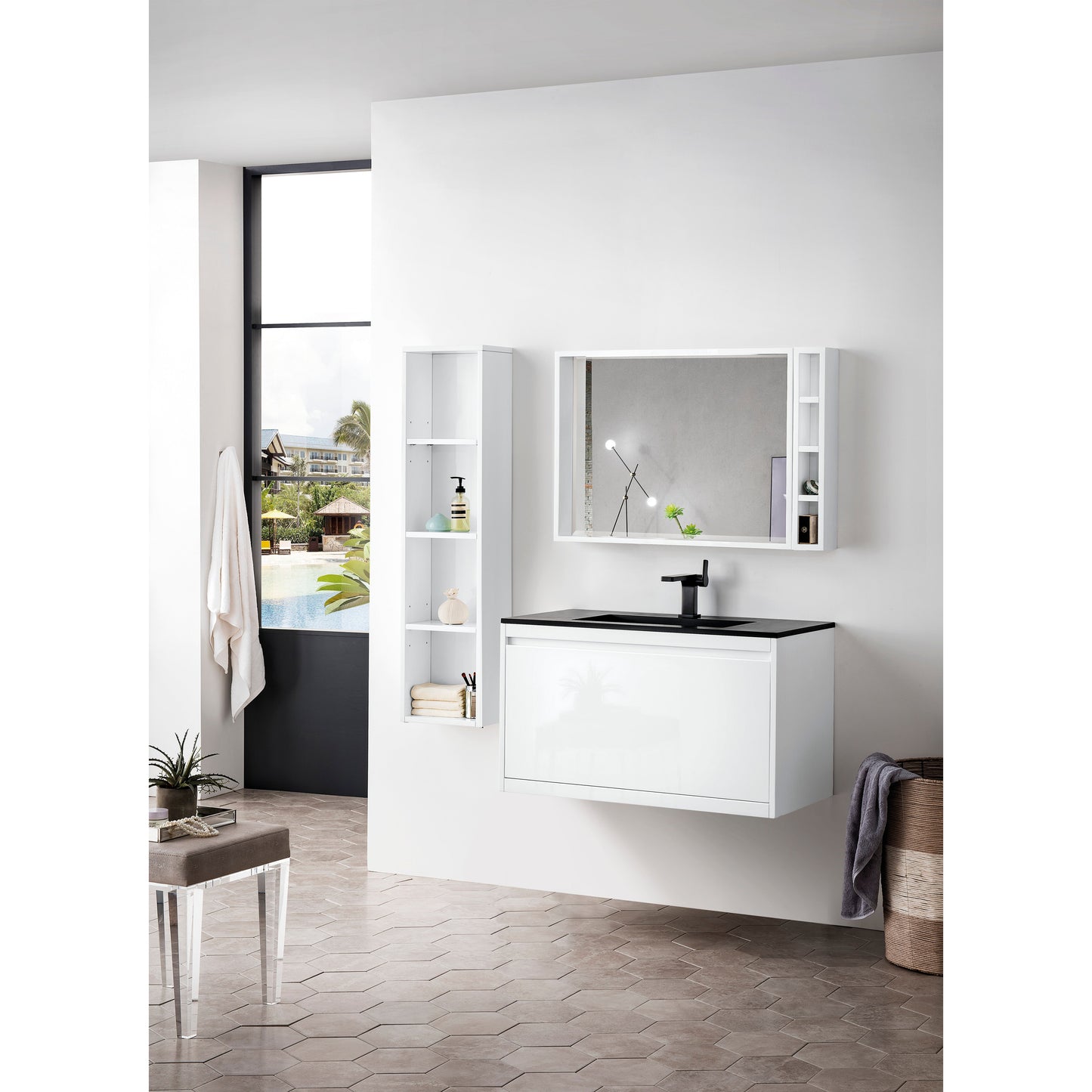 James Martin Vanities Mantova 35.4" Glossy White Single Vanity With Charcoal Black Composite Stone Top