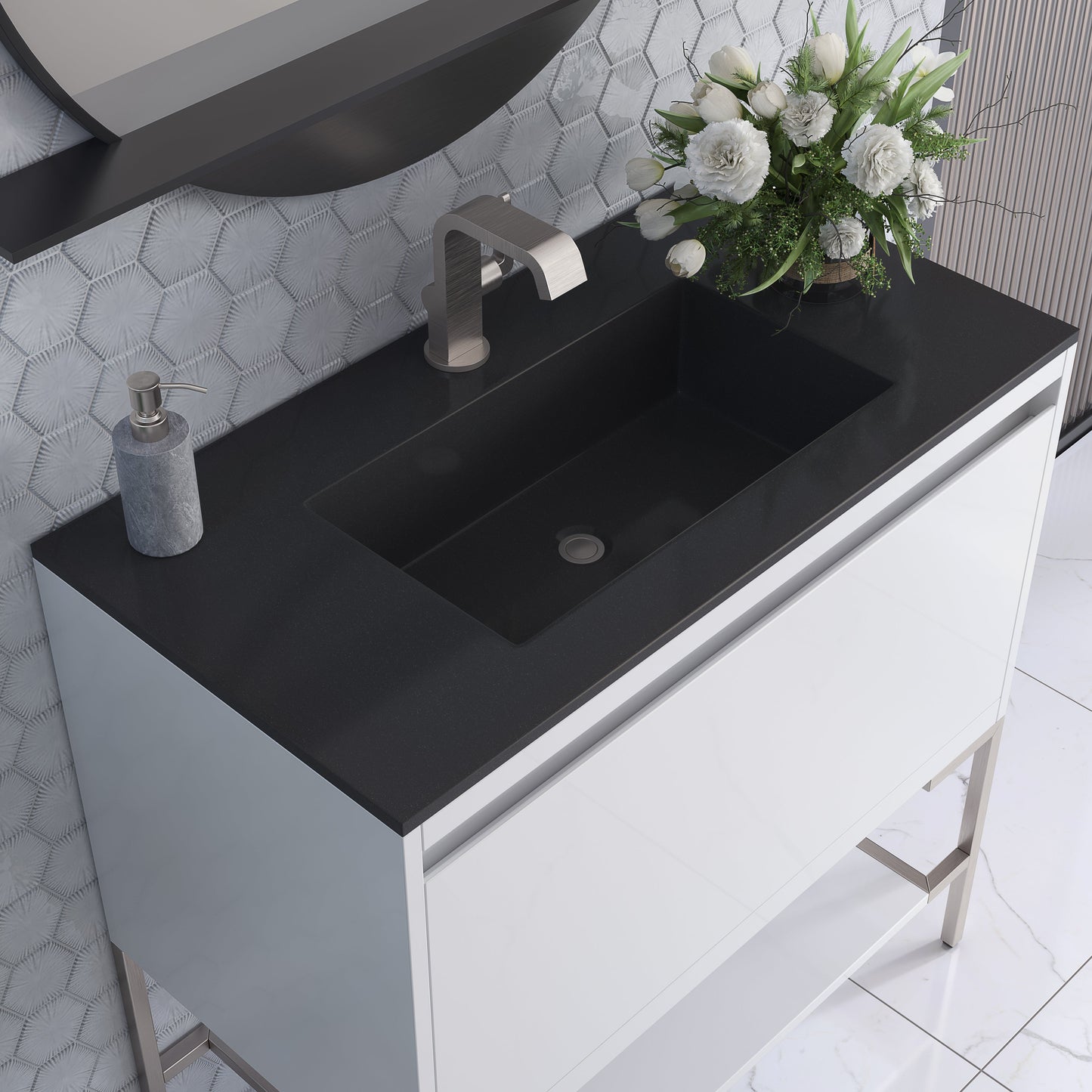 James Martin Vanities Mantova 35.4" Glossy White and Brushed Nickel Base Single Vanity With Charcoal Black Composite Stone Top