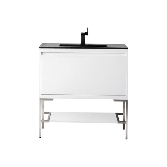 James Martin Vanities Mantova 35.4" Glossy White and Brushed Nickel Base Single Vanity With Charcoal Black Composite Stone Top