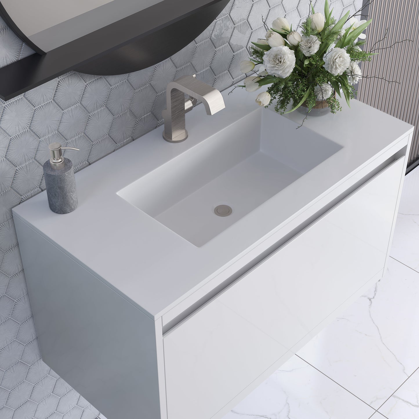 James Martin Vanities Mantova 35.4" Glossy White and Brushed Nickel Base Single Vanity With Glossy White Composite Stone Top