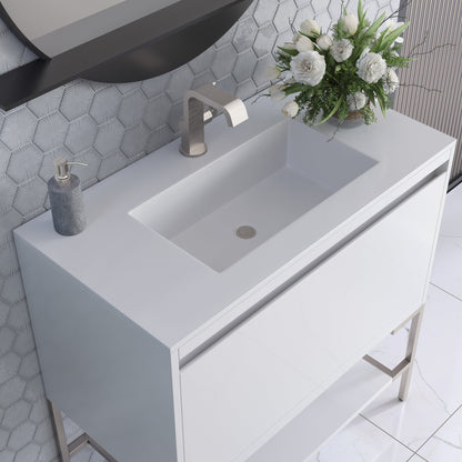 James Martin Vanities Mantova 35.4" Glossy White and Brushed Nickel Base Single Vanity With Glossy White Composite Stone Top