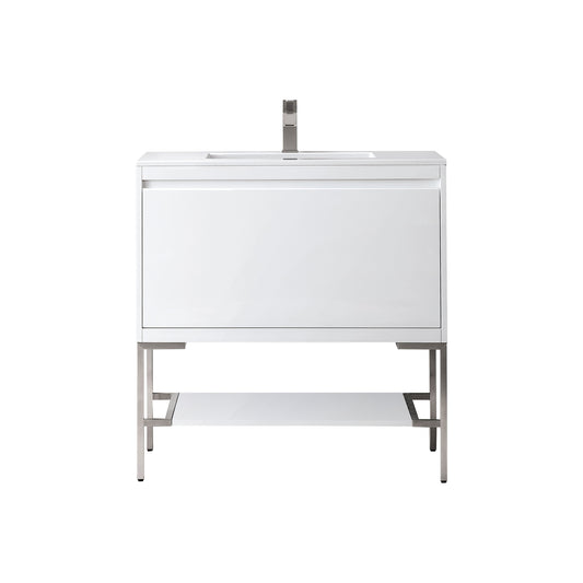 James Martin Vanities Mantova 35.4" Glossy White and Brushed Nickel Base Single Vanity With Glossy White Composite Stone Top