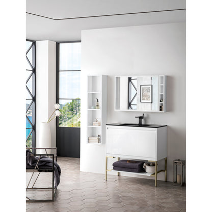 James Martin Vanities Mantova 35.4" Glossy White and Champagne Brass Base Single Vanity With Charcoal Black Composite Stone Top