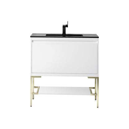 James Martin Vanities Mantova 35.4" Glossy White and Champagne Brass Base Single Vanity With Charcoal Black Composite Stone Top