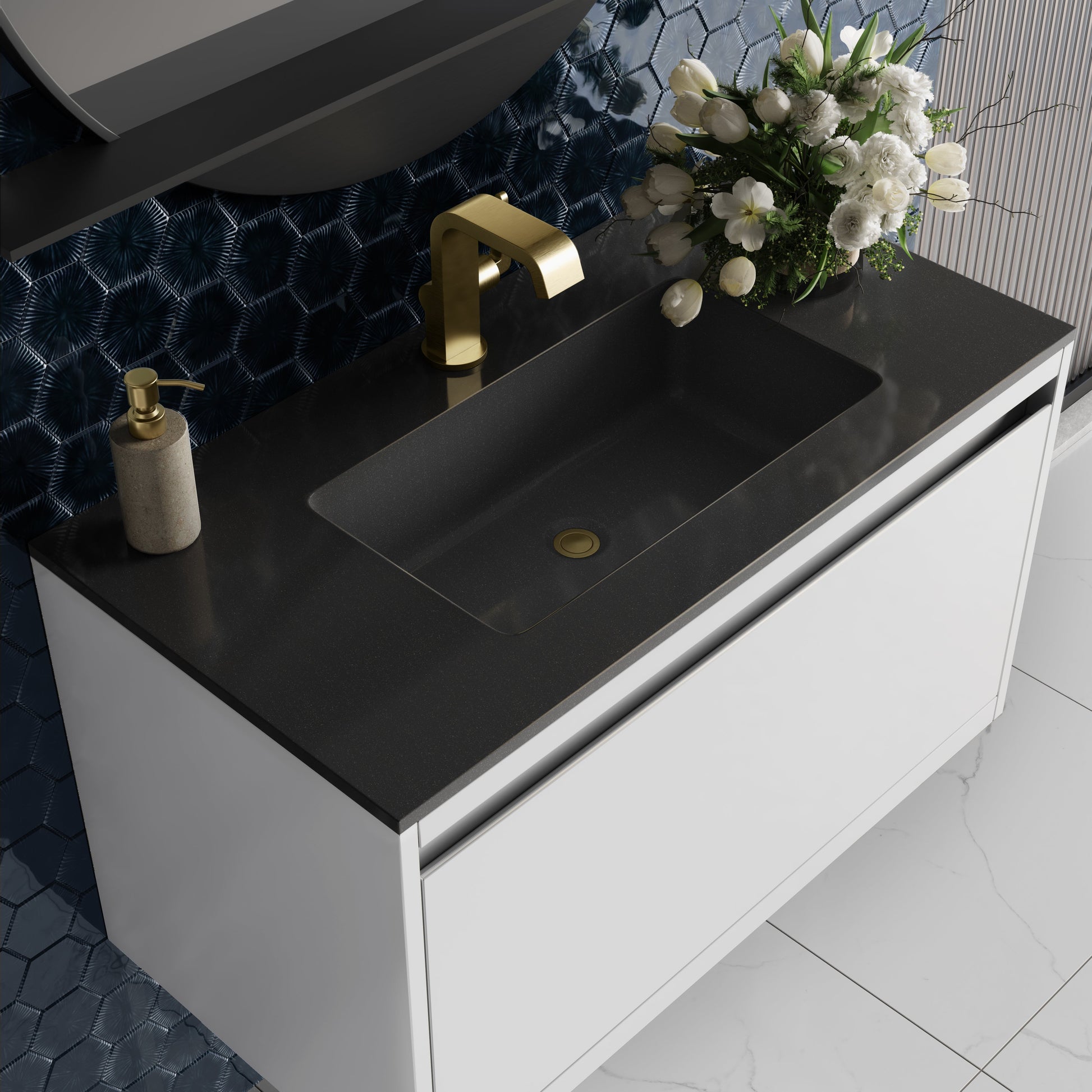 James Martin Vanities Mantova 35.4" Glossy White and Champagne Brass Base Single Vanity With Glossy White Composite Stone Top