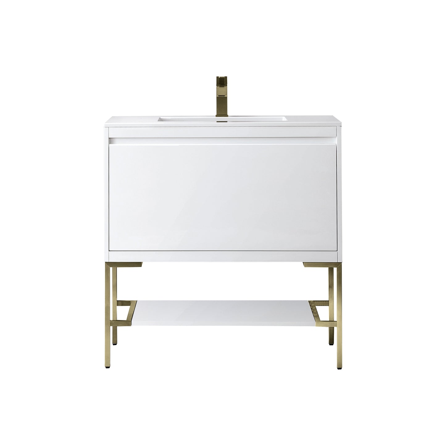 James Martin Vanities Mantova 35.4" Glossy White and Champagne Brass Base Single Vanity With Glossy White Composite Stone Top