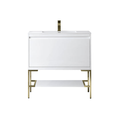 James Martin Vanities Mantova 35.4" Glossy White and Champagne Brass Base Single Vanity With Glossy White Composite Stone Top