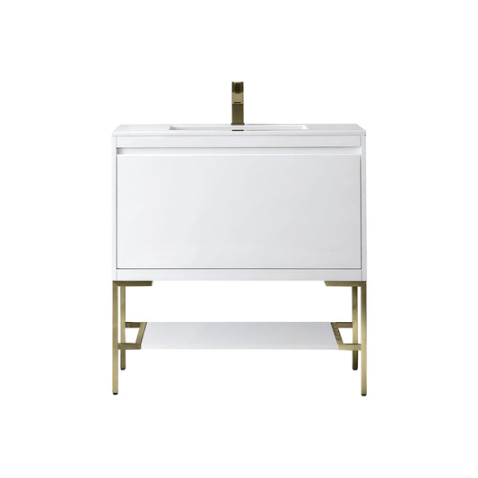 James Martin Vanities Mantova 35.4" Glossy White and Champagne Brass Base Single Vanity With Glossy White Composite Stone Top