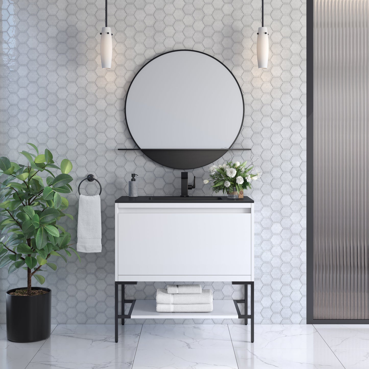 James Martin Vanities Mantova 35.4" Glossy White and Matte Black Base Single Vanity With Charcoal Black Composite Stone Top